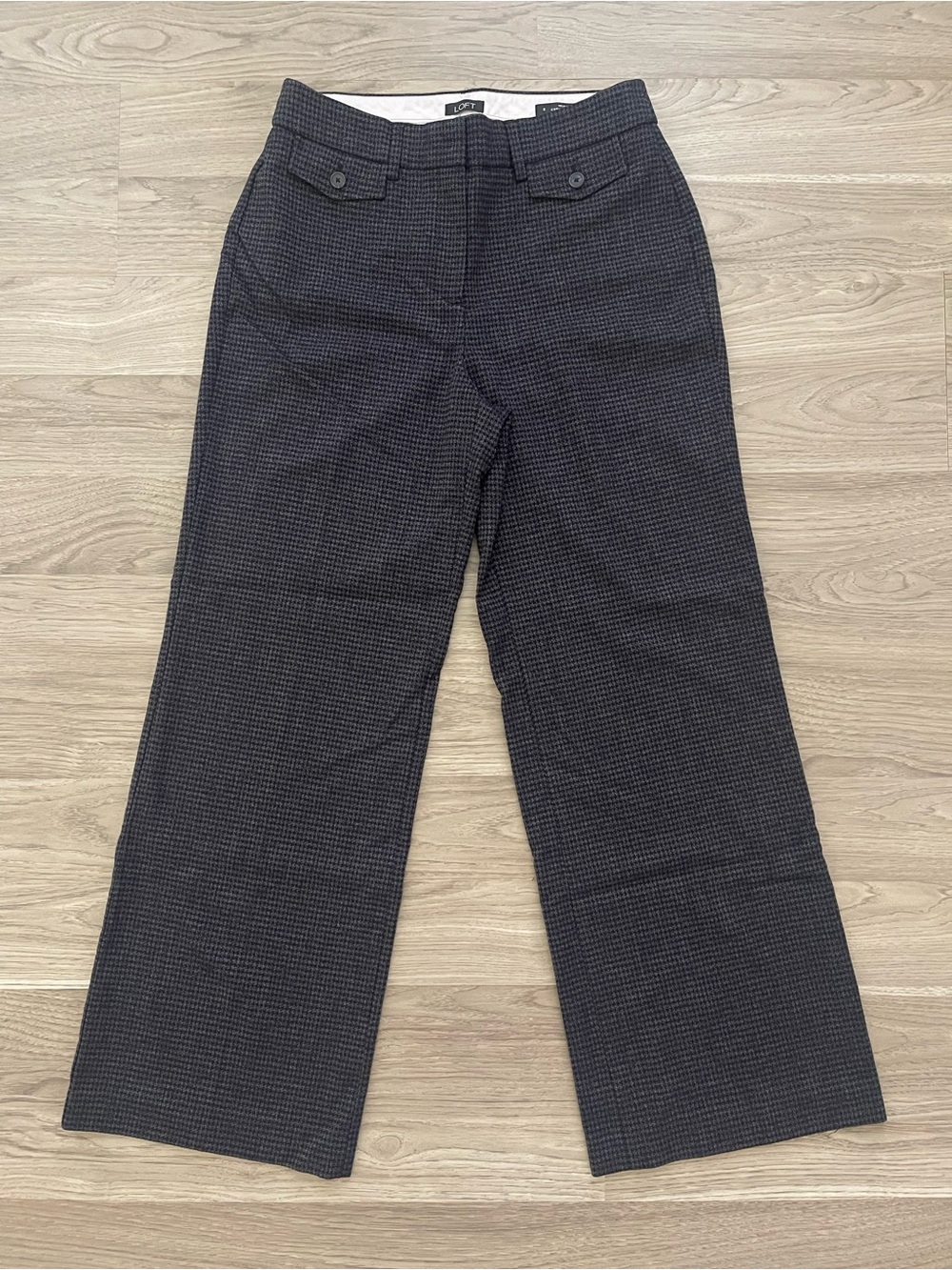 Charcoal Navy Blue Houndstooth Wide Leg High Rise Curvy Office Work Trousers